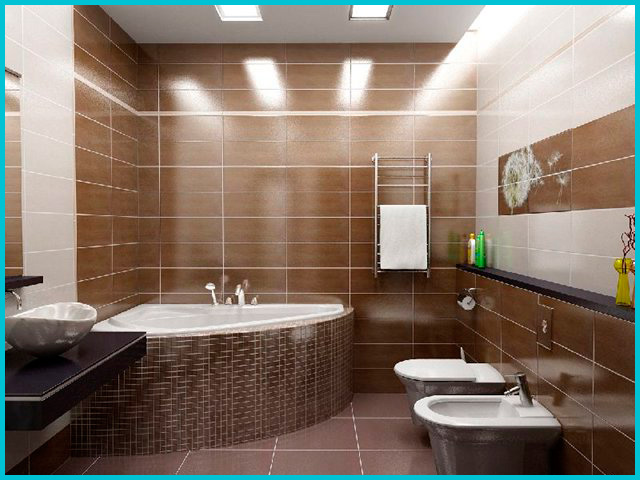 Досить поширеним варіантом є оформлення ванною в мозаїці, коли для обробки стін підбирається коричнева плитка в поєднанні з найближчими схожими колірними відтінками