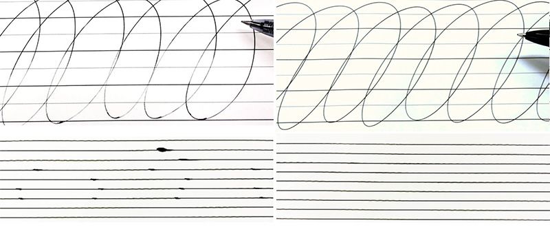 Як пише звичайна кулькова ручка (зліва) і Uni-ball Signo 307 (фотографія надана компанією Mitsubishi Pencil Co