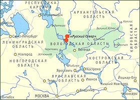 Розташування парку Російська Північ на карті Вологодської області