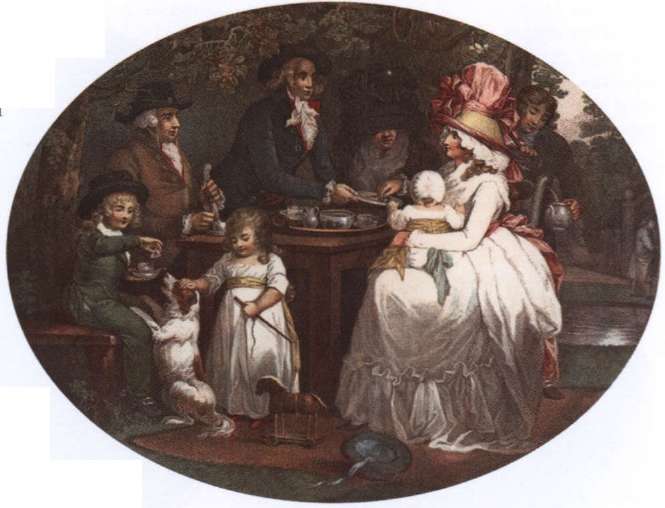 Сім'ї вісімнадцятого століття проводили багато вільного часу, випиваючи чай і насолоджуючись зеленим оточенням в англійських новомодних чайних садах