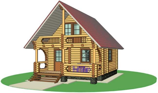 У першому варіанті представлений будиночок в сільському стилі з оциліндрованих колод